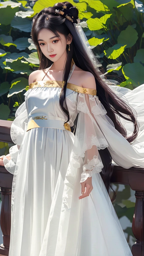 Girl in traditional Chinese clothing, Hanfu, Guzhen Hanfu women, White Hanfu,long straight black hair, black eyes, black bun hairstyle, hair accessories ,white diamond earrings, Bangle Diameter, Dia Necklace, Clear eyes, Facing forward,put on makeup, Long eyelashes ,(Long shoulder coat:1.5), (long white skirt:1.5), ((Whole body)), ((from below))ฃ, Clear face, , (Very beautiful face, Beautiful mouth, beautiful eyes), detailed face, ((Ultra-fine skin)), In the dark, deep shadows, an ancient Chinese girl (Very slim figure 1.3) ,Plump breasts, sexy slender legs elegant posture (smile brightly) 