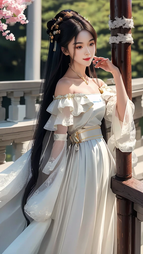 Girl in traditional Chinese clothing, Hanfu, Guzhen Hanfu women, White Hanfu,long straight black hair, black eyes, black bun hairstyle, hair accessories ,white diamond earrings, Bangle Diameter, Dia Necklace, Clear eyes, Facing forward,put on makeup, Long eyelashes ,(Long shoulder coat:1.5), (long white skirt:1.5), ((Whole body)), ((from below))ฃ, Clear face, , (Very beautiful face, Beautiful mouth, beautiful eyes), detailed face, ((Ultra-fine skin)), In the dark, deep shadows, an ancient Chinese girl (Very slim figure 1.3) ,Plump breasts, sexy slender legs elegant posture (smile brightly)