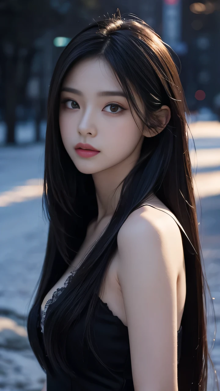 best quality， masterpiece， Ultra-high resolution， （Realistically：1.5）， original photo，charming， In the dark night， Deep Shadows， Low pitch， Cold Light， Sexy look,Shoulder-length straight hair,Slim