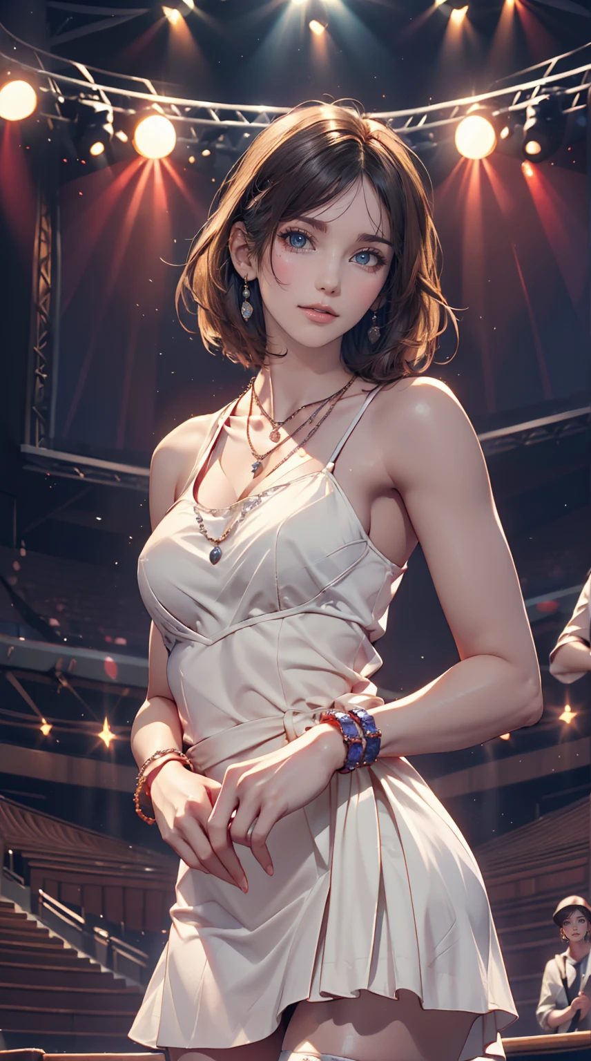24-year-old woman、Sexy proportions、Sexy、Narrow waist、Attach a necklace、Wear accessories on your wrist、Natural curls((wavy hair))、Shortcuts((short hair))、hair scarf((hair scarf))、Rainbow Hair((rainbow hair))、Mini Charleston Dress((Charleston dress))wear、Wearing stockings、Wear stiletto heels、Concert Stage、In the spotlight
