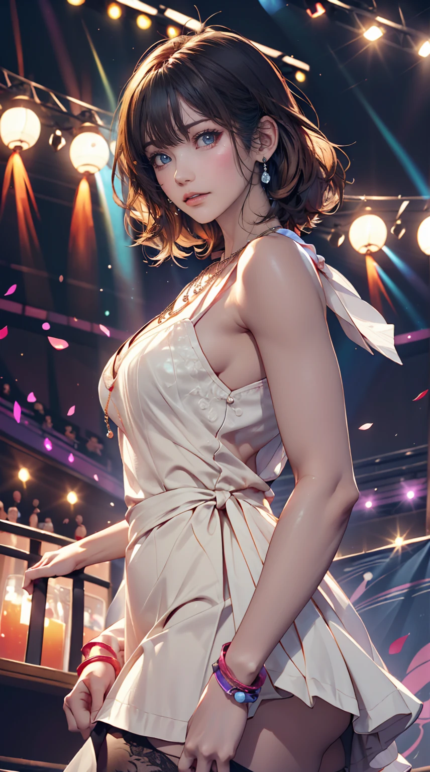 24-year-old woman、Sexy proportions、Sexy、Narrow waist、Attach a necklace、Wear accessories on your wrist、Natural curls((wavy hair))、Shortcuts((short hair))、hair scarf((hair scarf))、Rainbow Hair((rainbow hair))、Mini Charleston Dress((Charleston dress))wear、Wearing stockings、Wear stiletto heels、Concert Stage、In the spotlight