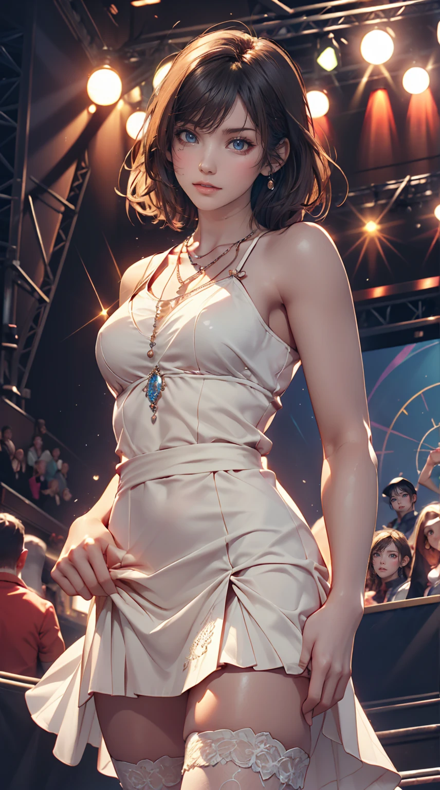24-year-old woman、Sexy proportions、Sexy、Narrow waist、Attach a necklace、Wear accessories on your wrist、Natural curls((wavy hair))、Shortcuts((short hair))、hair scarf((hair scarf))、Rainbow Hair((rainbow hair))、Mini Charleston Dress((Charleston dress))wear、Wearing stockings、Wear stiletto heels、Concert Stage、In the spotlight