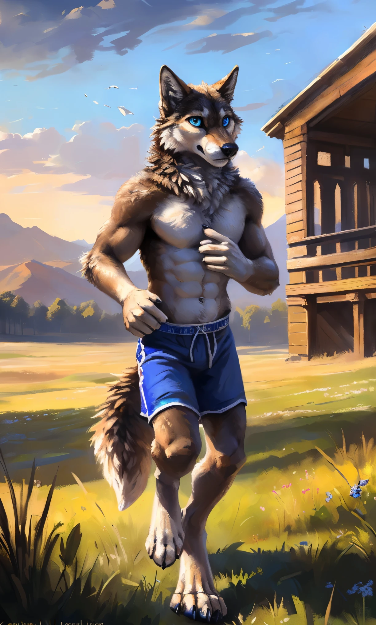 ((Solo)), male people, anthro wolf, (Multi-colored fur, White-brown:1.3,White tail pointed), (Height 2.1m,Tail length 1.2m), ((Wolf face, Big eyes, White eyelids, Blue pupil, Slim:1.2) (Tough, Calm expression:1.2)), Abs, Slim, pinging)), (Correct anatomy), (Work shorts:1.1), The upper body naked, (detailed outfits),A long big tail,Feet,(Realistic fur, Detailed fur texture, labeled:1.3)), (Natural lighting), Photorealistic, Hyperrealistic, ultradetailed, by Kenket,Field,erect through,Running on