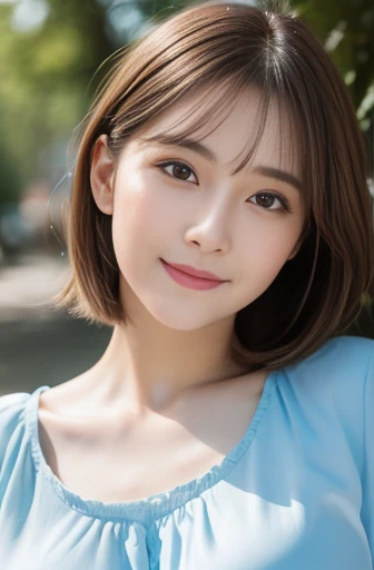 (Raw photo), (Photo realistic), (masterpiece), (Highest quality), High resolution, 8K resolution, (Exquisite detail), (Volumetric Light), Portraiture, woman, Age 35, short hair, Straight Hair, Brown haired, Very white and translucent skin,Highly detailed eyes, Source Order, Very fine eyebrows, eyelash,Highly detailed skin, Highly detailed mouth, Highly detailed nose, The best beauty,Cute like an idol, Smile, ((Look at the viewers)), (An elegant and transparent light blue blouse), Random Body Orientation,Ample breasts