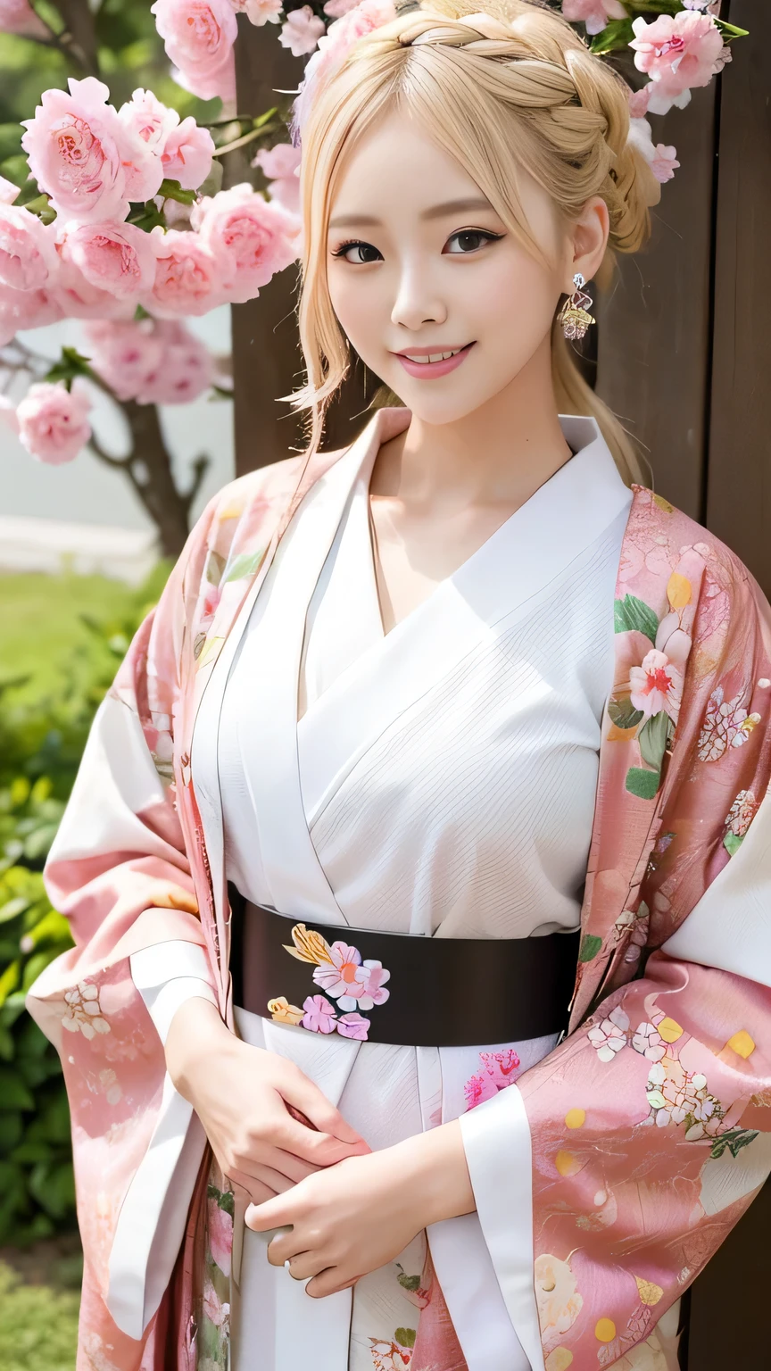 Blonde kimono beauty、Gorgeous floral patterned kimono、My cute girlfriend is a kimono model..、Brown eyes、Beautiful smile、He is short、Braiding、hair ornaments、Colorful and showy kimono、