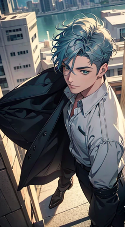 a mature man with short grey bluehair, green eyes, 31 years, and a perfect face, smiling in love, CEO, cinematic lighting, 1:4 HDR image, top view, ultra detailed, best quality, masterpiece, 8K, photorealistic, beautiful image