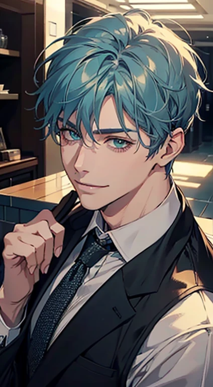a mature man with short grey bluehair, green eyes, 31 years, and a perfect face, smiling in love, CEO, cinematic lighting, 1:4 HDR image, top view, ultra detailed, best quality, masterpiece, 8K, photorealistic, beautiful image