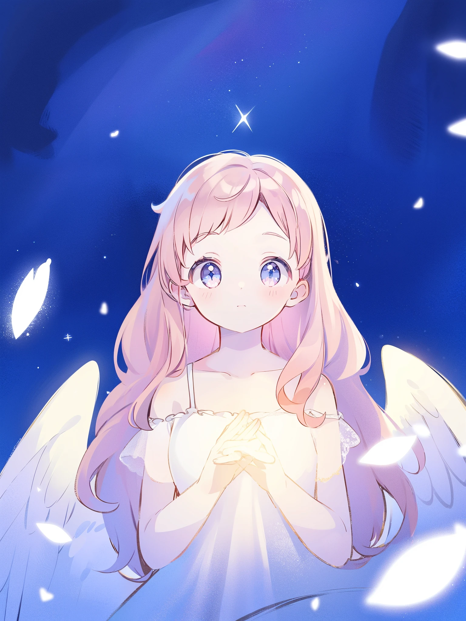 angel girl wearing an ethereal translucent dress, pale skin and light pink hair, white feathers, angel wings, sparkling detailed eyes, golden ratio face, perfect composition, highly detailed, ethereal, (starry night sky background), midjourney style