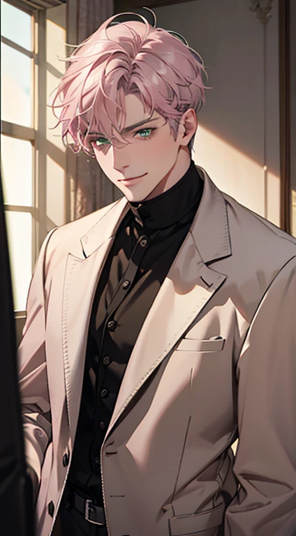 a mature man with short grey pink hair, green eyes, 31 years, and a perfect face, smiling in love, CEO, cinematic lighting, 1:4 HDR image, top view, ultra detailed, best quality, masterpiece, 8K, photorealistic, beautiful image