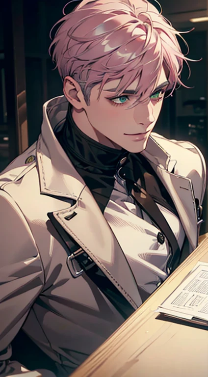 a mature man with short grey pink hair, green eyes, 31 years, and a perfect face, smiling in love, CEO, cinematic lighting, 1:4 HDR image, top view, ultra detailed, best quality, masterpiece, 8K, photorealistic, beautiful image