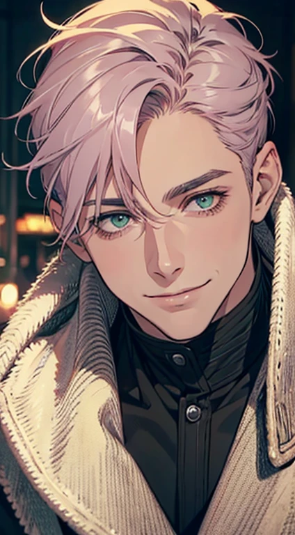a mature man with short grey pink hair, green eyes, 31 years, and a perfect face, smiling in love, CEO, cinematic lighting, 1:4 HDR image, top view, ultra detailed, best quality, masterpiece, 8K, photorealistic, beautiful image