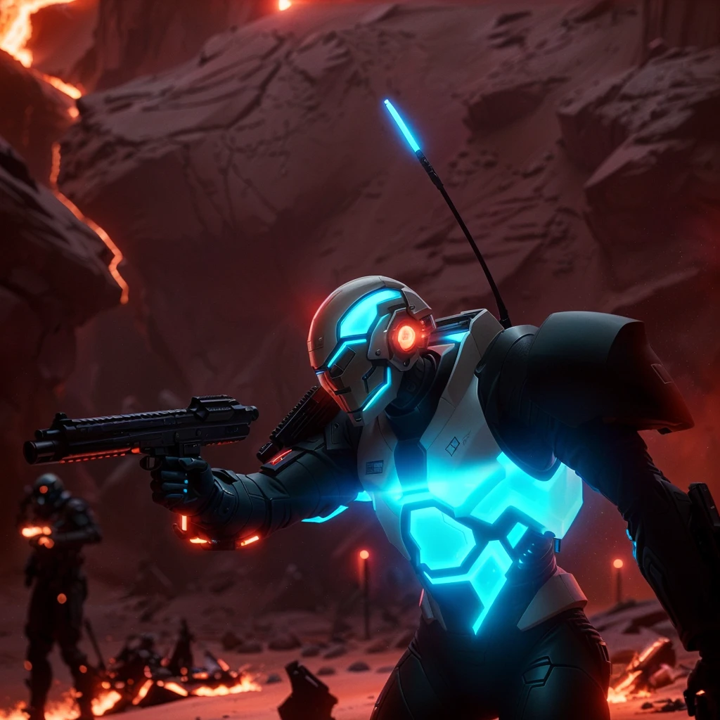 a close up of a person holding a gun near a fire, futuristic soldier, sci-fi soldier, futuristic battlefield, space soldier on mars with a gun, clothed in sci-fi military armor, fps game concept art, epic scifi character art, epic sci - fi character art, epic sci-fi character art, detailed sci-fi art, modern concept art