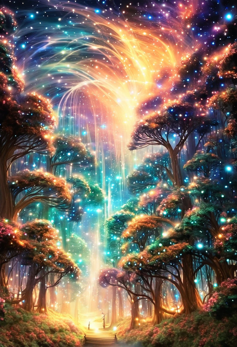 a surreal landscape composed of a starry sky full of bright constellations and a giant moon that illuminates an enchanted forest. In the woods, Twisted, iridescently colored trees intertwine with luminous vines that glow in the dark. Magical creatures like dancing fairies, majestic unicorns and winged dragons move through the trees, creating an atmosphere of magic and mystery. The scene is imbued with a sense of calm and wonder, inviting the viewer to immerse themselves in a world of fantasy and wonder.