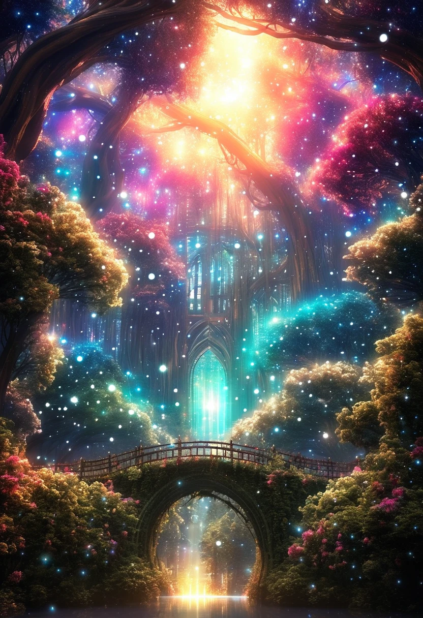 a surreal landscape composed of a starry sky full of bright constellations and a giant moon that illuminates an enchanted forest. In the woods, Twisted, iridescently colored trees intertwine with luminous vines that glow in the dark. Magical creatures like dancing fairies, majestic unicorns and winged dragons move through the trees, creating an atmosphere of magic and mystery. The scene is imbued with a sense of calm and wonder, inviting the viewer to immerse themselves in a world of fantasy and wonder.