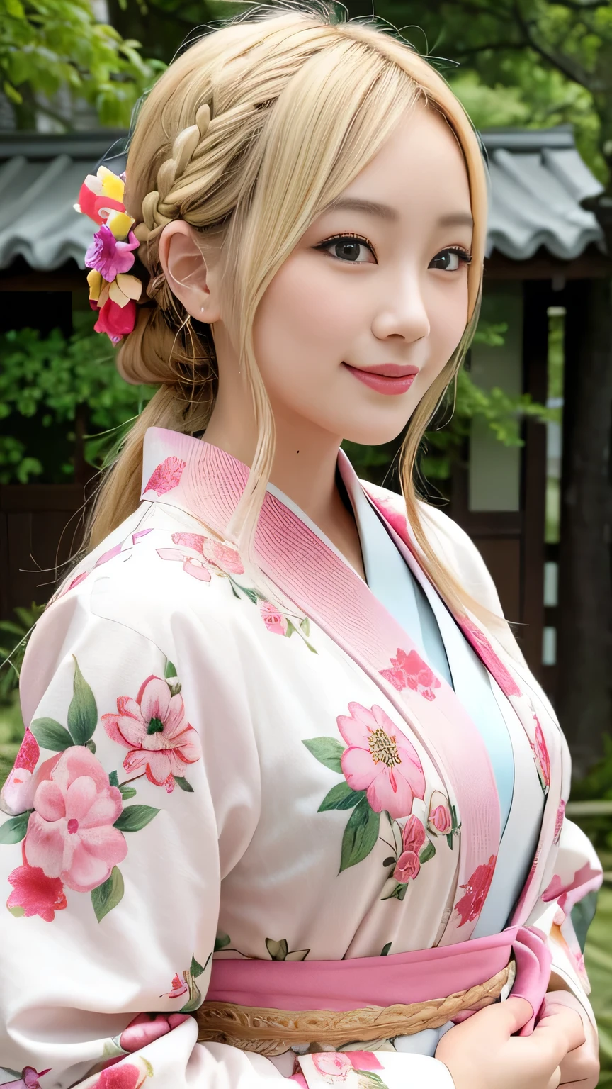 Blonde kimono beauty、Gorgeous floral patterned kimono、My cute girlfriend is a kimono model..、Brown eyes、Beautiful smile、He is short、Braiding、hair ornaments、Colorful and showy kimono、