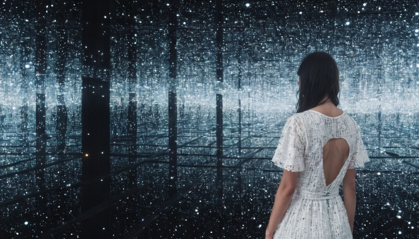 close up, ykif, galaxy, a girl with white dress is looking at camera, matrix code