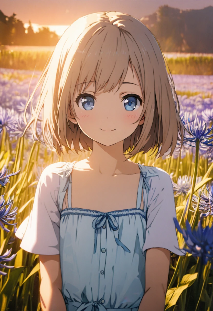 1 girl, 18yo, (flat chest: 1.5), blue eyes, light brown hair, bob cut, early summer outfit, smiling, posing, having fun, upper body, Agapanthus flowers spread across the fields, sunset, 8k, RAW photo, best quality, masterpiece, extremely detailed 8k wallpaper, ultra-detailed, best shadow, detailed background, beautiful detailed face, beautiful detailed eyes, nice hands, perfect hands