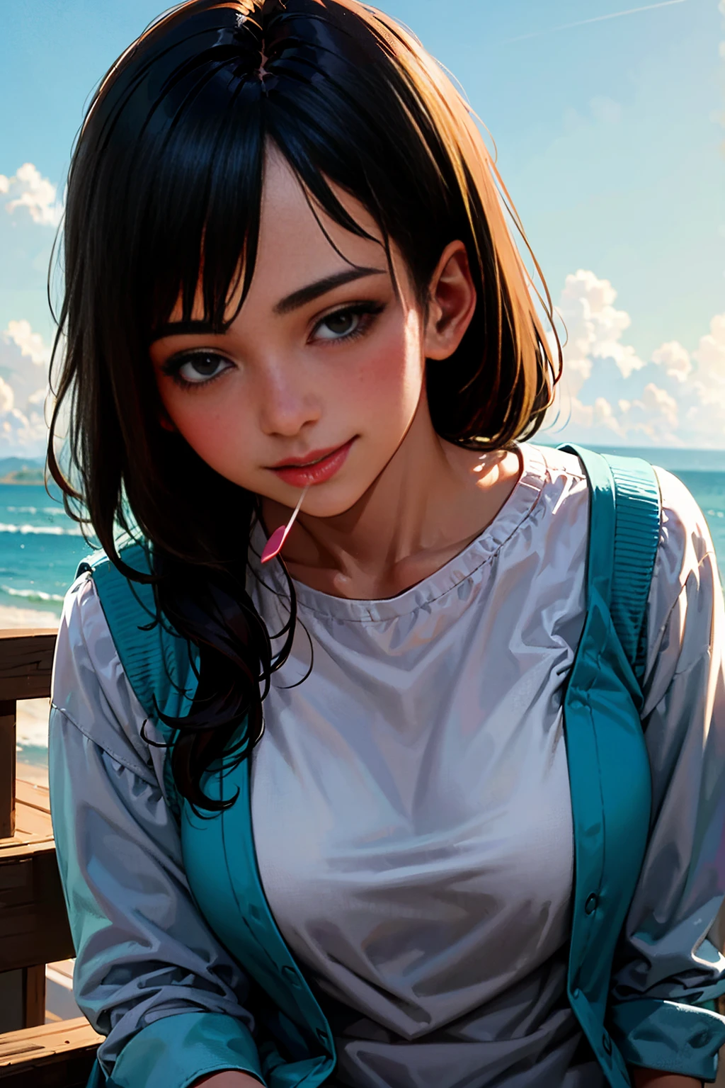 anime:1.5, long shot, full body, a beautiful smiling latina woman with a lollipop in her mouth, modern hairstyle, closeup portrait, happy expression, vibrant colors, soft lighting, photorealistic, 8k, (best quality,4k,8k,highres ,masterpiece:1.2),ultra-detailed,(realistic,photorealistic,photo-realistic:1.37),HDR,UHD,studio lighting,professional,vivid colors,bokeh