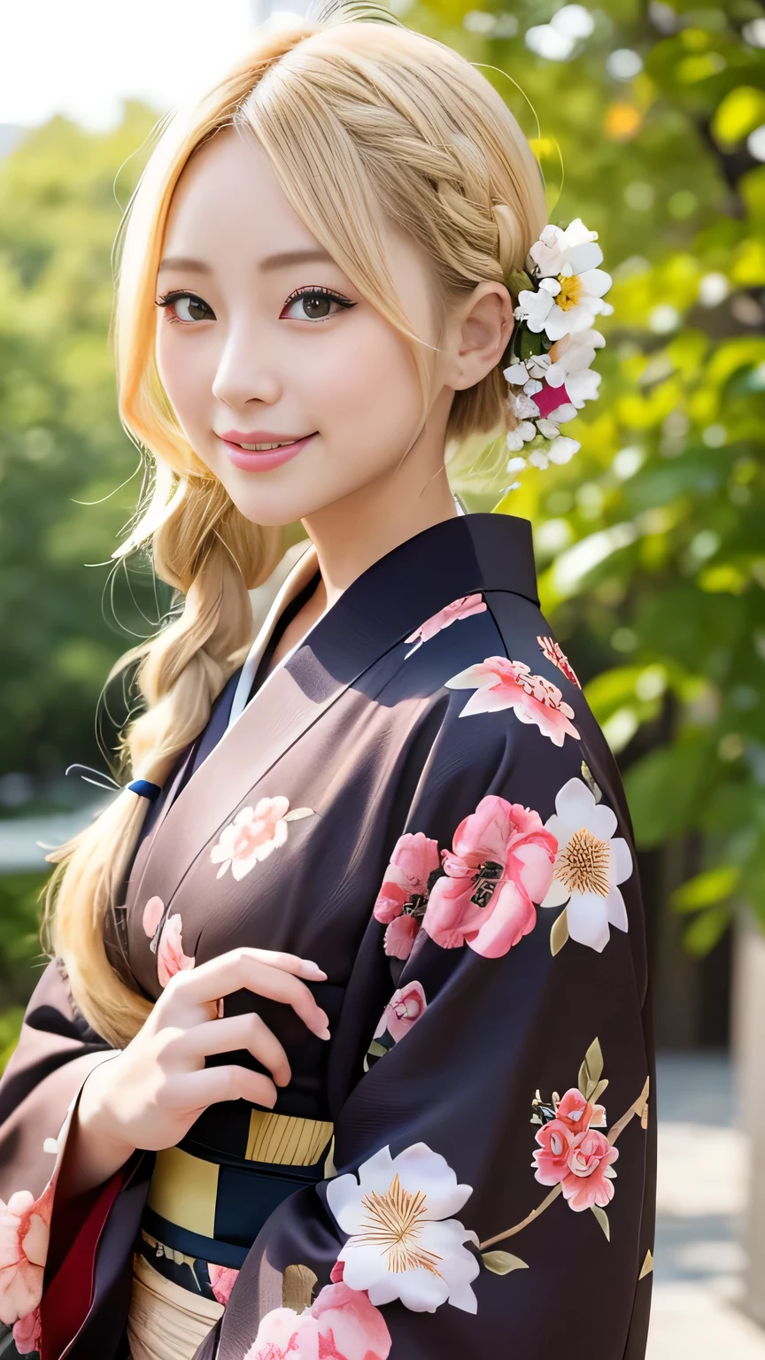 Blonde kimono beauty、Gorgeous floral patterned kimono、My cute girlfriend is a kimono model..、Brown eyes、Beautiful smile、He is short、Braiding、hair ornaments、Colorful and showy kimono、