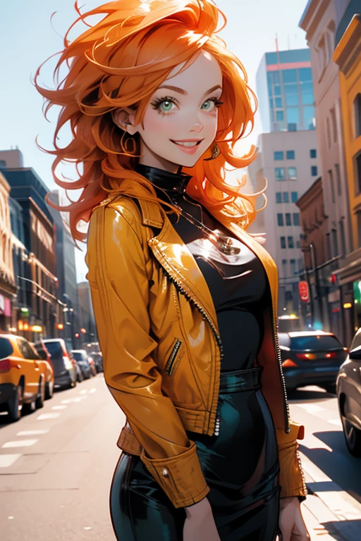An orange haired woman with green eyes with an hourglass figure in a yellow leather jacket and red dress is smiling in a busy street