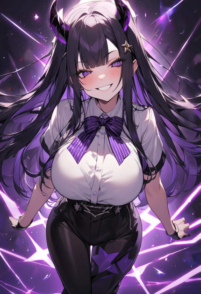 A girl with long black hair with straight bangs, with hair cut at the ends. Two large strands in the front, one bigger than the other. A rebel thread. A small white streak in your bangs. Two demon horns, one purple and one black, both with a dark purple star. one black eye and one purple eye. A purple star on your right cheek. black wide pants. All star shoe. Full white shirt with a bow tie with a star in the middle, with short sleeves. big boobies. Grinning. She is a star demon. She is standing looking at the camera. In one of his eyes a star in the black eye case, in the black eye and just black. Sex girl. Sex girl.