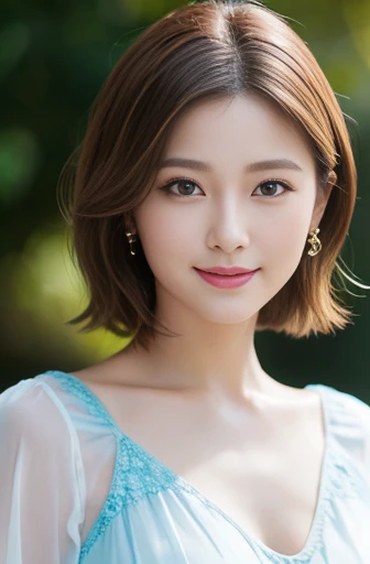 (Raw photo), (Photo realistic), (masterpiece), (Highest quality), High resolution, 8K resolution, (Exquisite detail), (Volumetric Light), Portraiture, woman, Age 35, short hair, Straight Hair, Brown haired, Very white and translucent skin,Highly detailed eyes, Source Order, Very fine eyebrows, eyelash,Highly detailed skin, Highly detailed mouth, Highly detailed nose, The best beauty,Cute like an idol, Smile, ((Look at the viewers)), (An elegant and transparent light blue blouse), Random Body Orientation,Large Breasts
