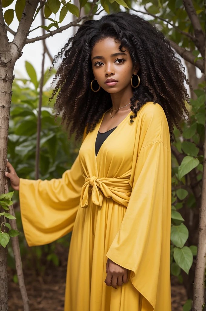Black woman with curly hair standing, next to a yellow ipe tree,