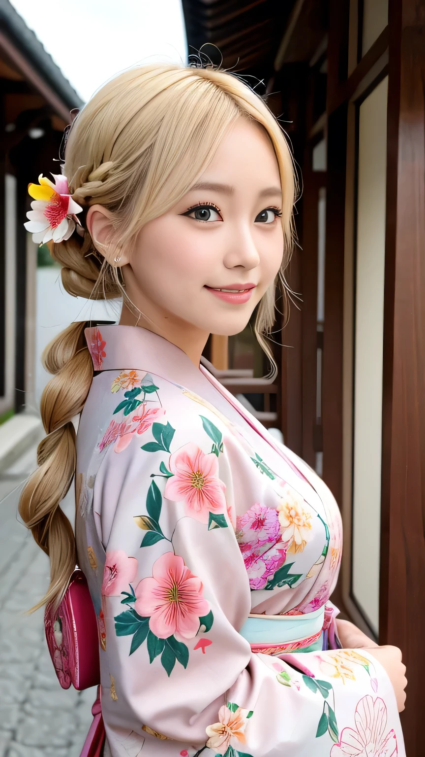 Blonde kimono beauty、Gorgeous floral patterned kimono、My cute girlfriend is a kimono model..、Brown eyes、Beautiful smile、He is short、Braiding、hair ornaments、Colorful and showy kimono、