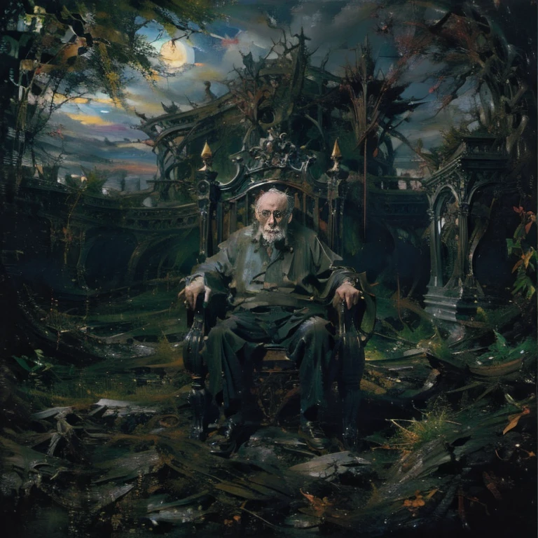 Surrealism、Lonely ugly old man sitting on the throne、Dark and gloomy atmosphere、Throne in the Graveyard、(Highest quality、4K、8K、High resolution、masterpiece:1.2)、Super detailed、(Real、Photorealistic、Photorealistic:1.37)、Detailed wrinkled face、Expressive eyes、Detailed hands、Dramatic chiaroscuro lighting、Moody color palette、Surreal fantasy landscape、Dark Shadows、Abandoned castle ruins、Crumbling Building、Lush vegetation、fechin、EdobHorrorLandscape