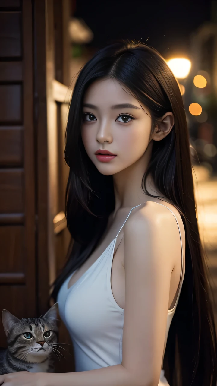best quality， masterpiece， Ultra-high resolution， （Realistically：1.5）， original photo， 1 cat， charming， In the dark night， Deep Shadows， Low pitch， Cold Light， Sexy look,Shoulder-length straight hair,Slim