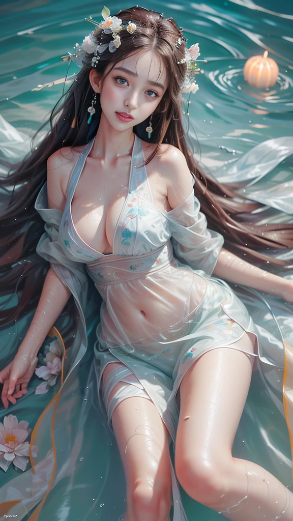 ((Aerial View)), 1 Girl, A very beautiful woman, Plump and slim woman, Correct limbs, Right hand, in the darkness, ((float的,water,float)), ((Lying down)), ((躺在池塘里玩water)), night, night view, moonlight, Quaint building, bamboo huts, plant, I was soaked., Wet hair, Pretty Face, masterpiece, original photo, best quality, detail, lifelike, Very detailed, Official Art, (Extremely beautiful face, Beautiful lips, What beautiful big eyes!), detail的脸, Full breasts, , Slender sexy legs, 腿漏water, Very beautiful legs, Sexy pose, grace, A bright smile, Show off your exquisite figure and graceful curves, Ray Tracing