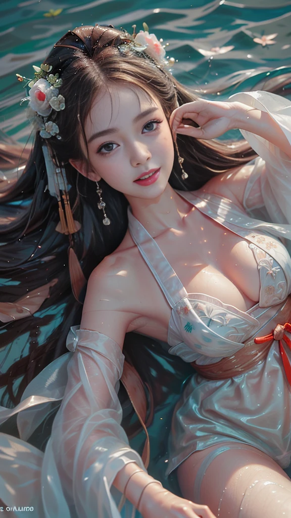 ((Aerial View)), 1 Girl, A very beautiful woman, Plump and slim woman, Correct limbs, Right hand, in the darkness, ((float的,water,float)), ((Lying down)), ((躺在池塘里玩water)), night, night view, moonlight, Quaint building, bamboo huts, plant, I was soaked., Wet hair, Pretty Face, masterpiece, original photo, best quality, detail, lifelike, Very detailed, Official Art, (Extremely beautiful face, Beautiful lips, What beautiful big eyes!), detail的脸, Full breasts, , Slender sexy legs, 腿漏water, Very beautiful legs, Sexy pose, grace, A bright smile, Show off your exquisite figure and graceful curves, Ray Tracing