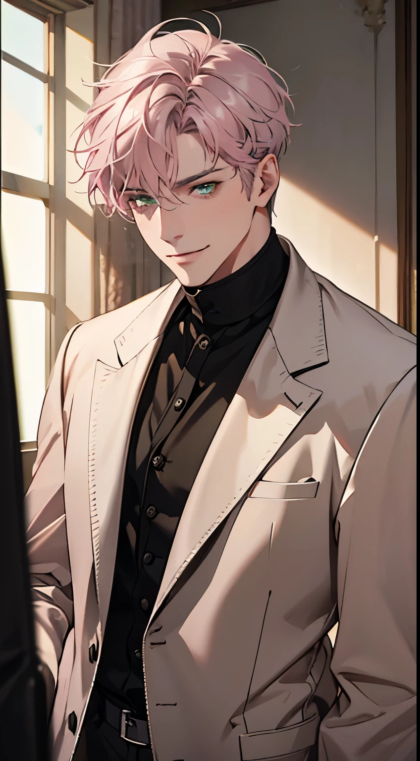 a mature man with short grey pink hair, green eyes, 31 years, and a perfect face, smiling in love, CEO, cinematic lighting, 1:4 HDR image, top view, ultra detailed, best quality, masterpiece, 8K, photorealistic, beautiful image