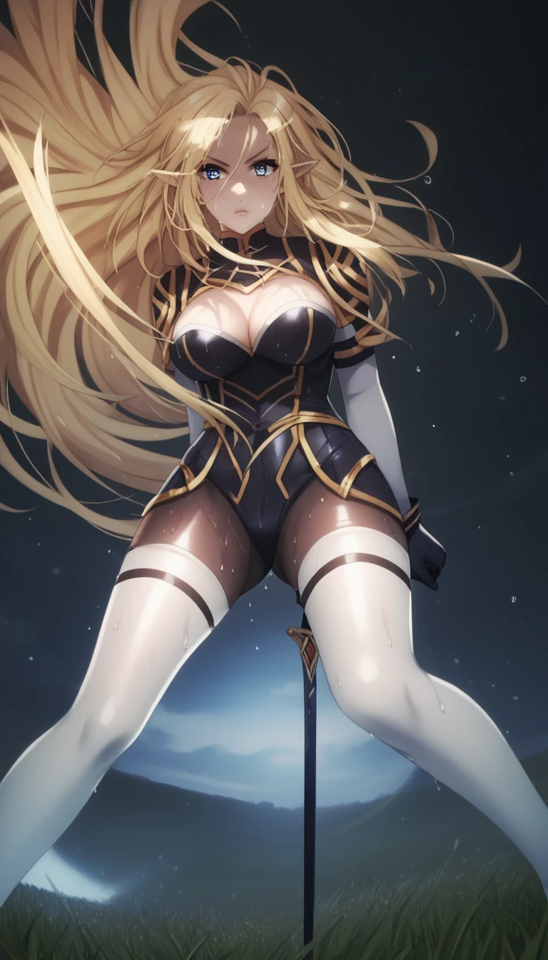 score_9, score_8_up, score_7_up, score_6_up, uncensored, Alpha, absurdly long hair, blue eyes, blonde hair, very long hair, pointy ears, lips, shiny skin, sweating, wet, wet hair, steaming body, heavy breathing, large breasts, detailed body, detailed eyes, annoyed, glaring eyes, large breasts, BREAK (masterpiece:1.2), best quality, high resolution, unity 8k wallpaper, (illustration:0.8), (beautiful detailed eyes:1.6), extremely detailed face, perfect lighting, extremely detailed CG, (perfect hands, perfect anatomy), 1girl, solo, breasts, latex body, bodysuit, sword, holding sword, shield, hodling shield, field, bokeh, hair flowing over, white_legwear, hollow eyes, bright pupils,