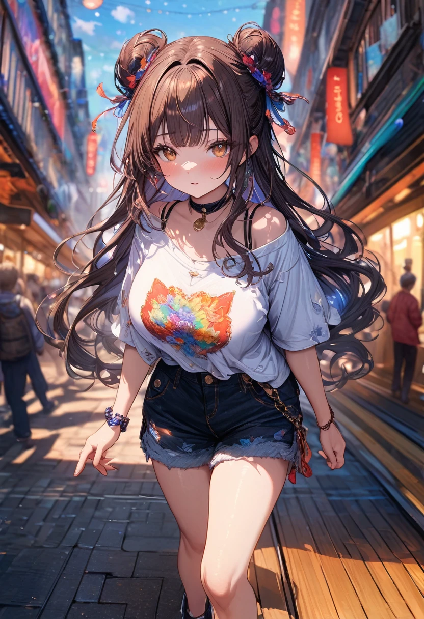 ((masterpiece:0), best quality, very aesthetic, newest, absurdres, detailed, high quality)
BREAK
highest quality, top quality, details, highres, ultra fine painting, digital art, official art, cinematic, 4k, 8k resolution, 8K CG wallpaper, CG, original artwork, detailed background, colorful background, blue atmosphere, High Dynamic Range, blurry background, blue hour, Starburst effects, crepuscular rays, good ISO, high resolution, wide shot, from far away, RAW photo, POV, sharp focus, light reflection, reflections, intricate details, soft light, particle noise, professional photography, bokeh, depth of field, natural lighting, vibrant colors, looking away, detailed lights and shadows, stylish, ultra-detailed, top rated on Pixiv, trending on Artstation, niji style, modern-days, master crafted, pose
BREAK
solo, close up shot, from above, 1girl, pale skin, correct fingers, detailed hand, (big breasts:1.2), big thighs, small torso, short body, flushtered, blush, anxious expression, embarassed, embarassed act, casual, slim, ((cute, childlike face):1.3), nice hips, nice body, brown hair, (very long flowing hair), (big 2 buns hairstyle)), long bangs, long hair, middle hair bangs, brown eyes
BREAK
(white oversized t-shirt with the logo of manga series on it. The shirt is big enough that it hangs off one of her shoulders. She's also wearing some short, loose-fitting shorts that stop just above her thighs, letting the lower part of her legs bare, choker)
BREAK
a person walking down a street with a crowd of people, crowded street, crowded streets, in front of a large crowd, giant crowd, girl walking through city, people walking down a street