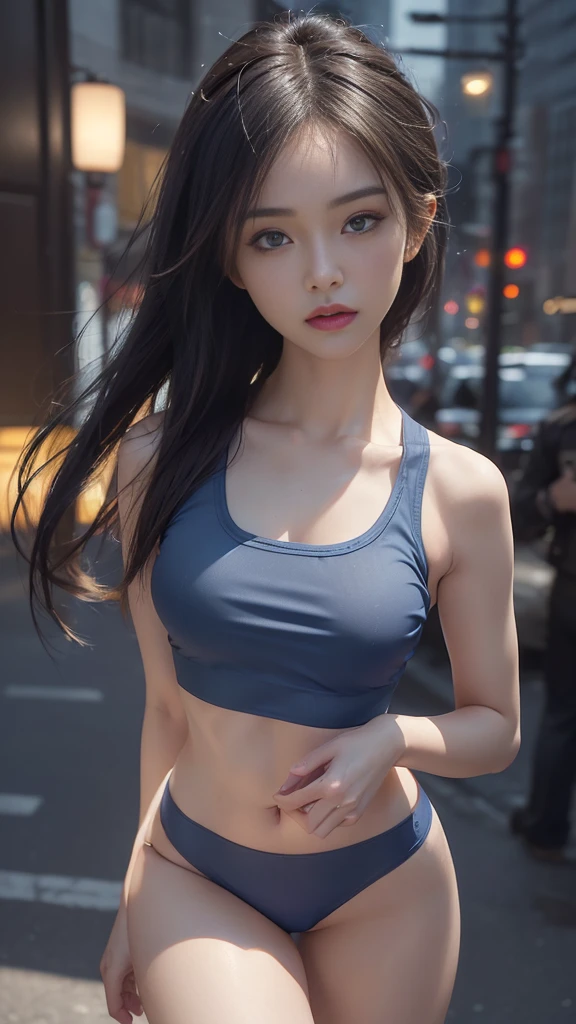 ((Realistic lighting, Best quality, 8K, Masterpiece: 1.3)), Clear focus: 1.2, 1 girl, Perfect Figure: 1.4, Slim Abs: 1.1, See through, tight clothing, ((Japanese)), (panties: 1.4), (Blue crop top: 1.4), (Outdoor, Night: 1.1), City streets, Super fine face, Fine eyes, Double eyelids,