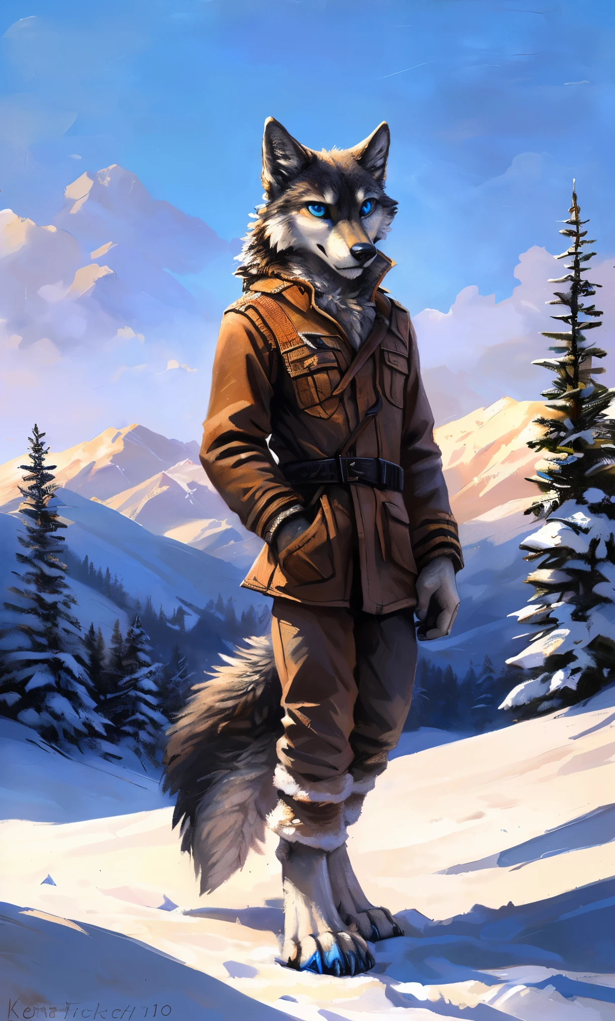((Solo)), male people, anthro wolf, (Multi-colored fur, White-brown:1.3，White tail pointed), (Height 2.1m,Tail length 1.2m), ((Wolf face, Big eyes, White eyelids, Blue pupil, Slim:1.2) (Tough, Calm expression:1.2)), Slim, pinging)), (Correct ???????), (Winter clothing:1.1), The upper body  ?????, (detailed outfits),A long big tail，Feet，(Realistic fur, Detailed fur texture, labeled:1.3)), (Natural lighting), Photorealistic, Hyperrealistic, ultradetailed, by Kenket，Snowfield，????? through，Running on