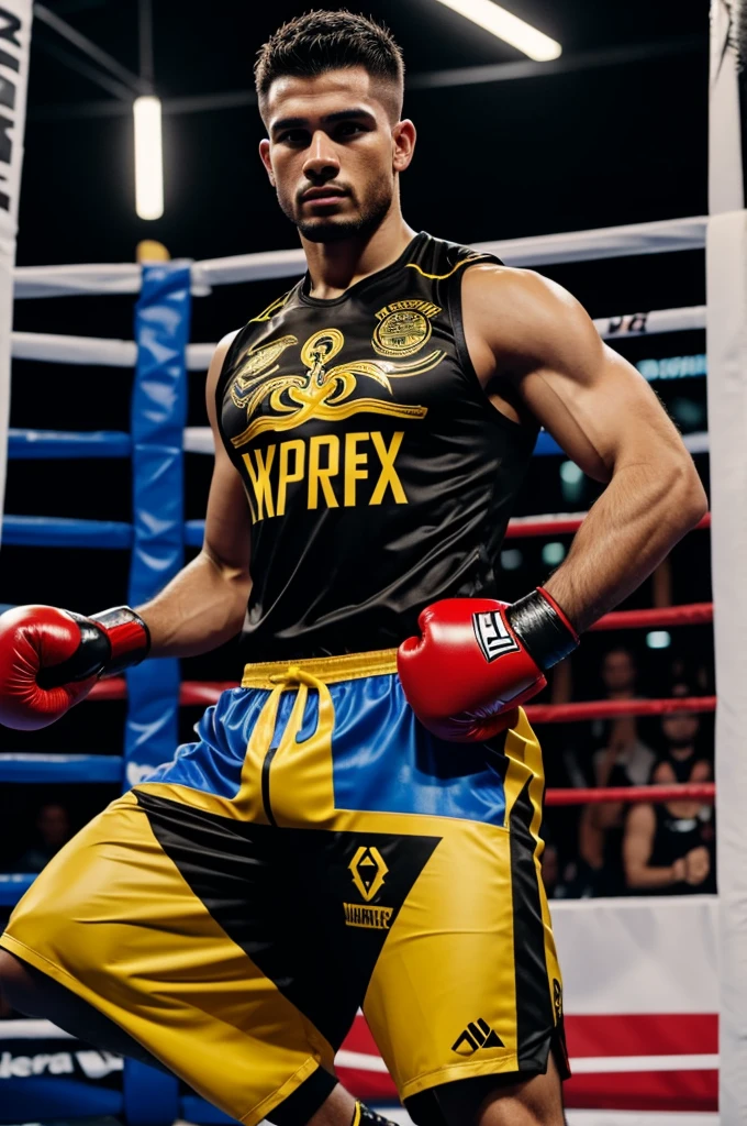 A man wearing a kickboxing uniform  fully sublimated with logo of Apex Warriors.