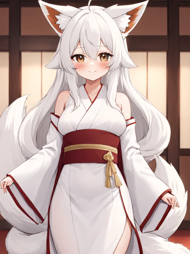 masterpiece, 1girl, solo, long white hair, brown eyes, adult, narrow eyes, mature, nine-tailed Kitsune, kemonomimi, nine tails, fox ears, slender figure, average bust, smirking, white Kimono dress with red sash, light blush, fair-skinned, looking_at_viewer, indoors