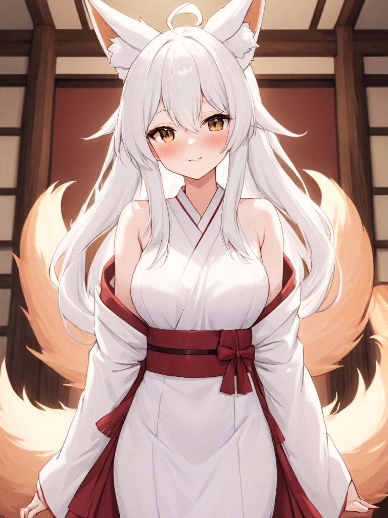 masterpiece, 1girl, solo, long white hair, brown eyes, adult, narrow eyes, mature, nine-tailed Kitsune, kemonomimi, nine tails, fox ears, slender figure, average bust, smirking, white Kimono dress with red sash, light blush, fair-skinned, looking_at_viewer, indoors