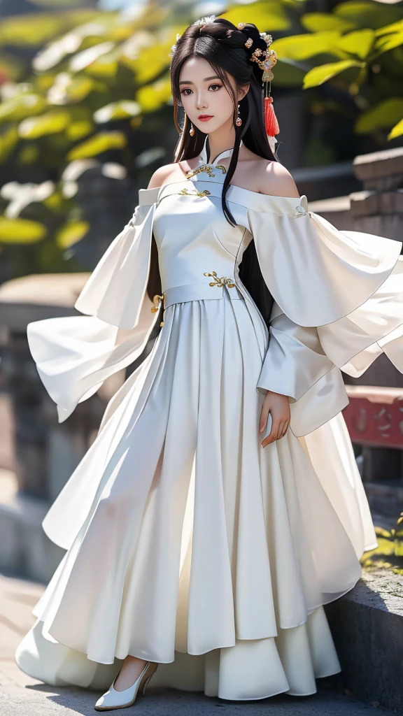 Girl in traditional Chinese clothing, Hanfu, Guzhen Hanfu women, White Hanfu,long straight black hair, black eyes, black bun hairstyle, hair accessories ,white diamond earrings, Bangle Diameter, Dia Necklace, Clear eyes, Facing forward,put on makeup, Long eyelashes ,(Long shoulder coat:1.5), (long white skirt:1.5), ((Whole body)), ((from below))ฃ, Clear face, , (Very beautiful face, Beautiful mouth, beautiful eyes), detailed face, ((Ultra-fine skin)), In the dark, deep shadows, an ancient Chinese girl (Very slim figure 1.3) ,Plump breasts, sexy slender legs elegant posture (smile brightly) 