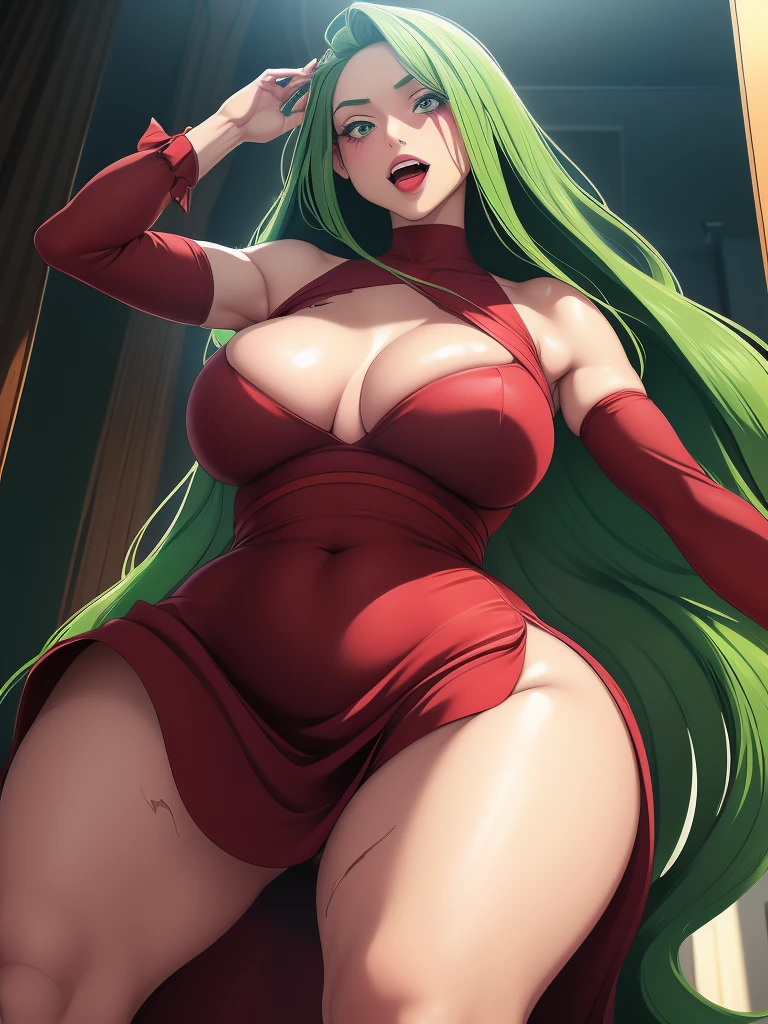 a female who has hazel eyes and green hair. Her true form is that of a tall, fully-grown curvaceous and well-endowed adult with long waving green hair. Notably, she has a scar and the crimson line that runs across her face, and pronounced lower canine teeth. Her gown is now torn into a skirt and a top, connected with a single strip across her abdomen.