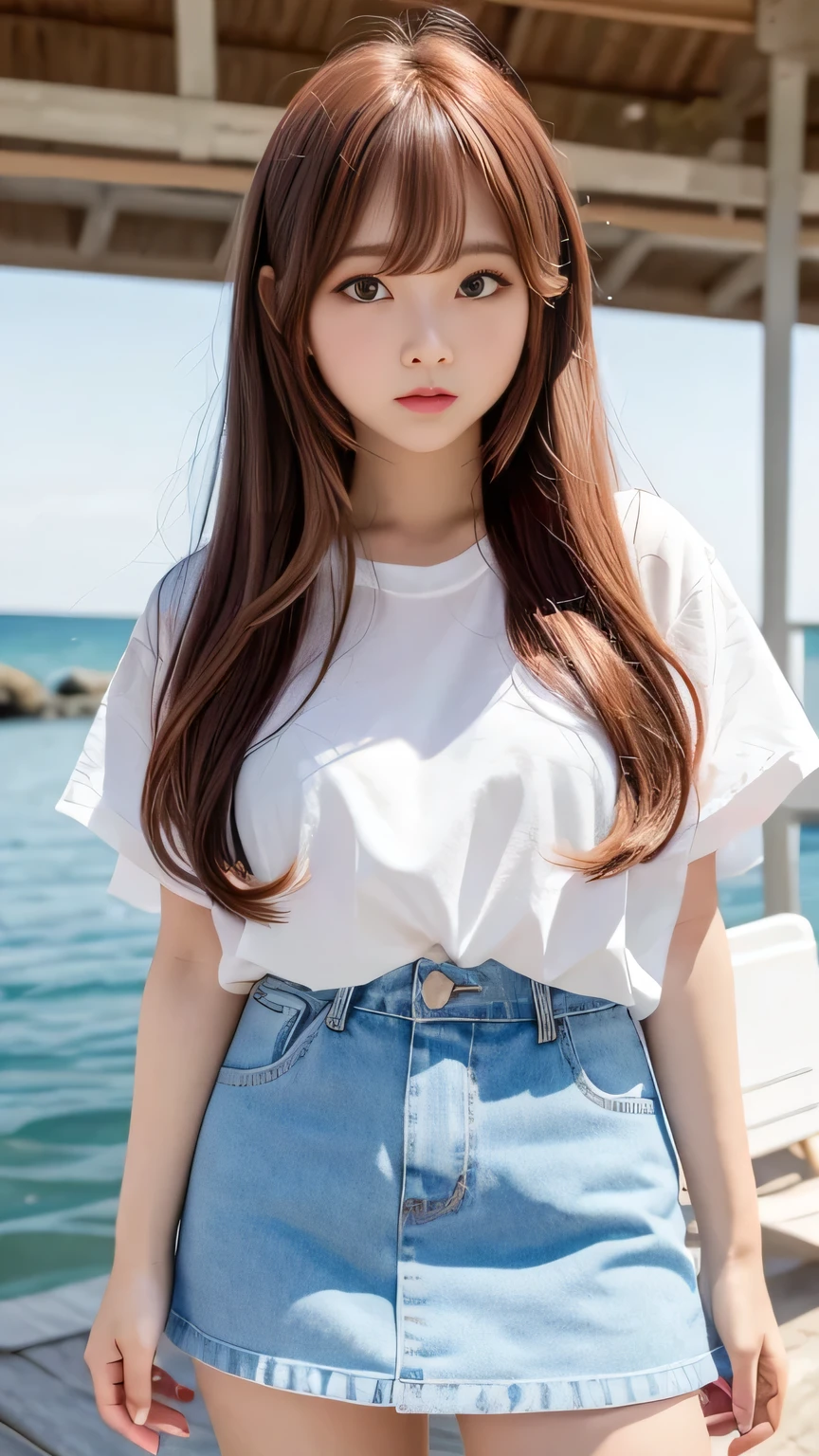 Sunburn marks on tanned skin、blush、Multicolored hair color、Bangs on the face、Bangs between the eyes、Super long hair、Beautiful bright transparent light blue big eyes that are charming and shining、A cute -yeld giwith a cute look, A strong wind blows my hair in front of my face、Beautiful big sparkling eyes, Cute eyes hidden by long bangs、Yawn、No visible nasolabial folds、A short, light-colored miniskirt、A cute and colorful summer shirt、Korean Beauty、Dark blush on the cheeks