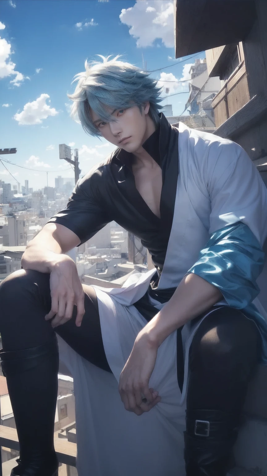 anime guy sitting on a ledge with his feet on the ground, tall anime guy with blue eyes, male anime character, handsome guy in demon slayer art, hijikata toushirou of gintama, handsome anime pose, otaku gangasta, as an anime character, male anime style, badass anime 8 k, anime style character, anime character, young anime man