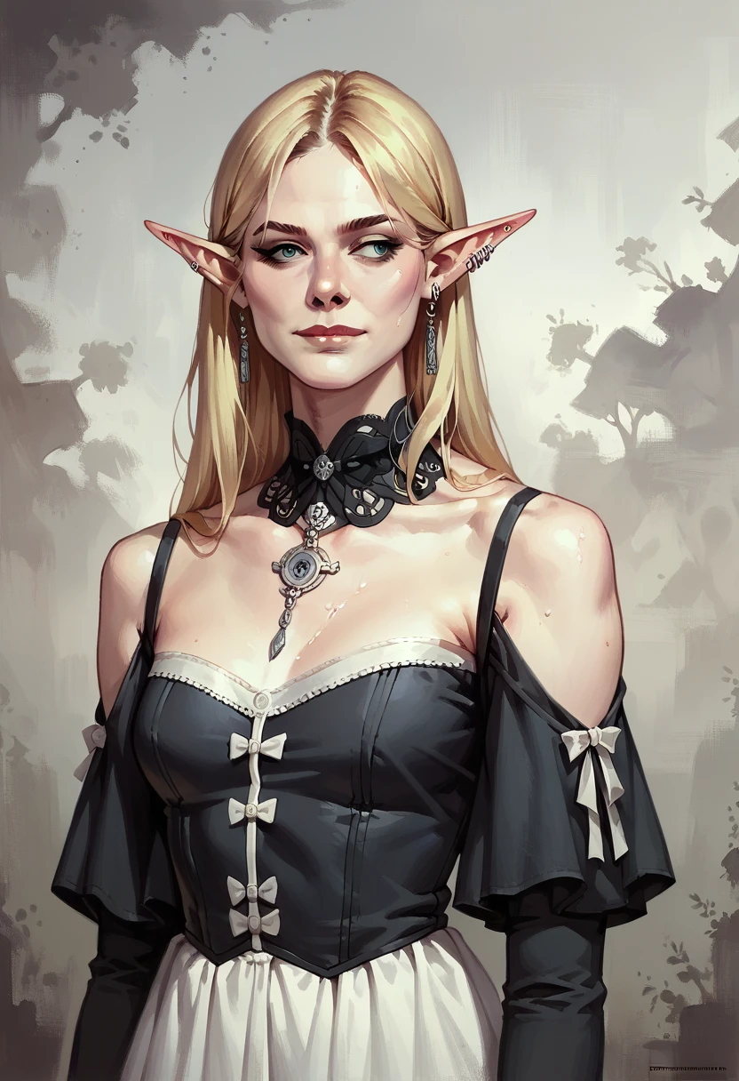 score_9, score_8_up, score_7_up, score_6_up,source_anime, anime 2d, a stunning blonde elf, closeup, elxfanning, conceptual artwork, High aboveper body view, gothic art, oil painting, Traditional media, wearing a humble peasant dress, looking to the side, soft smile