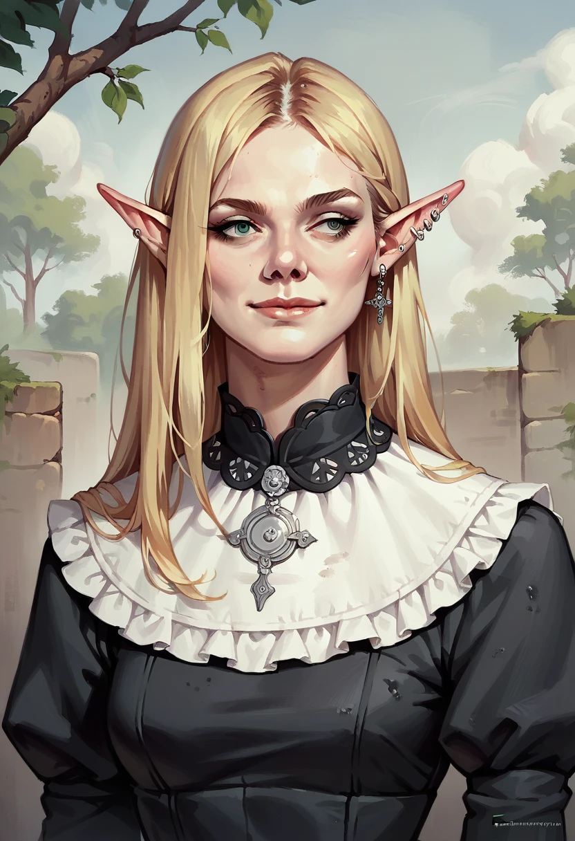 score_9, score_8_up, score_7_up, score_6_up,source_anime, anime 2d, a stunning blonde elf, closeup, elxfanning, conceptual artwork, High aboveper body view, gothic art, oil painting, Traditional media, wearing a humble peasant dress, looking to the side, soft smile