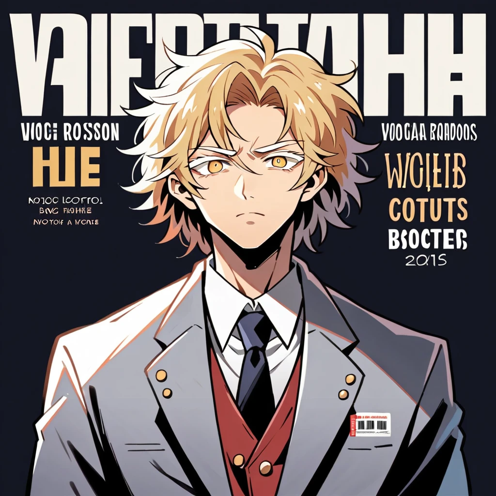 Boys,Golden Eyes,blond hair,Middle刘海,Messy hair,emaciated,Long white eyelashes,(High contrast:2.0),cool,Handsome,Middle,Suit,confident,8K,Correct human body,Detailed eye painting,illustration,Highest quality,Exquisite,Detailed face,Masterpiece,flat chest,Slim,young,,High-end,Hand Painted,Official Fanart, Visual novel, Anime style,Girly Romance, Produced by Anime Painter Studio,magazine cover,Magazine layout,vogue cover
