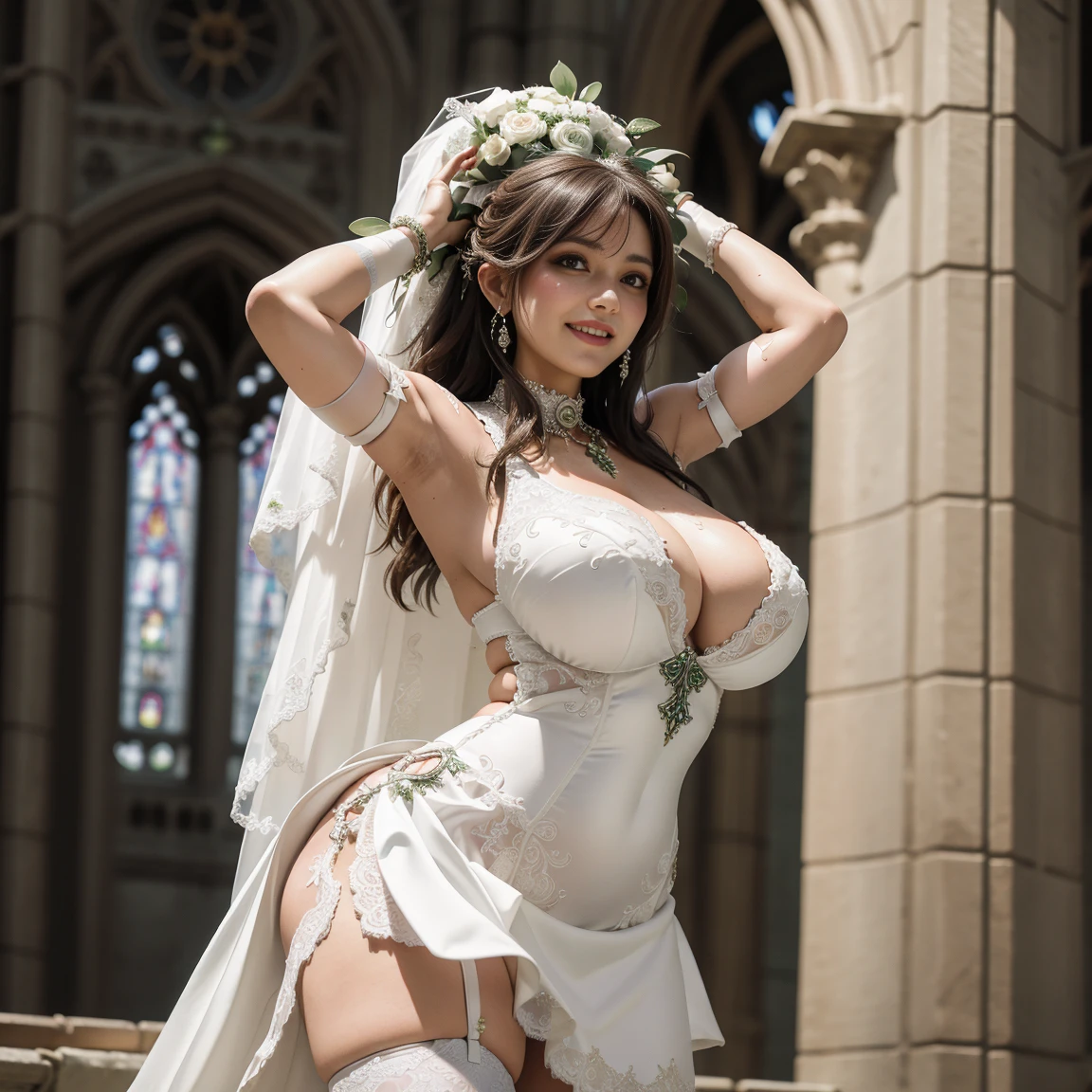 realistic,monster,green skin,fanny_packing, 1girl,1boy,huge penis,(Bride Costume), bsdm,spread legs,gigantic breasts,thighhighs,(cathedral:1.3),smile,blush,(tears:1.3),(amputee:1.4),huge testicles,rope,chain,arms up,armpits,(vaginal:1.2),collar,large insertion,muscular male, reverse upright straddle, Gigantic Sagging Breasts,,((Bride Costume,bride dress,white skirt, Wedding dress)), ,