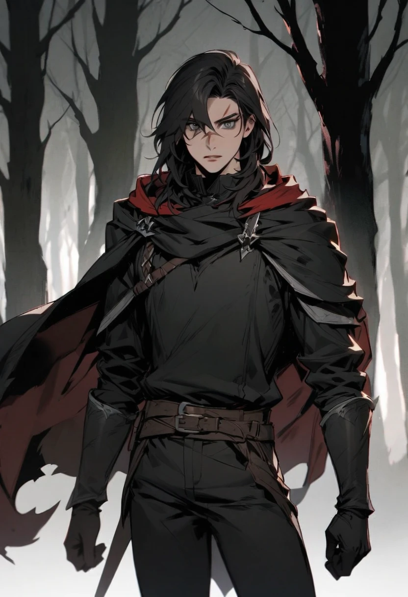 young man ,Male Dark, dark Woods,Red & Black colors, gray eye, rogue dnd, wear cape, hood, have scar