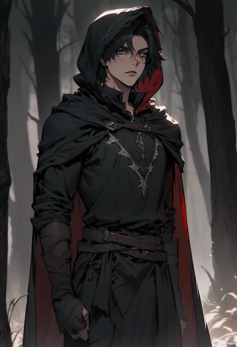 young man ,Male Dark, dark Woods,Red & Black colors, gray eye, rogue dnd, wear cape, hood, have scar